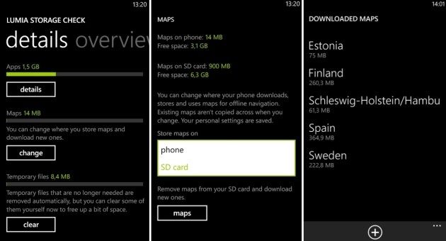 L'app mostra lo spazio occupato dalle mappe e permette di scegliere la destinazione (memoria interna o SD).