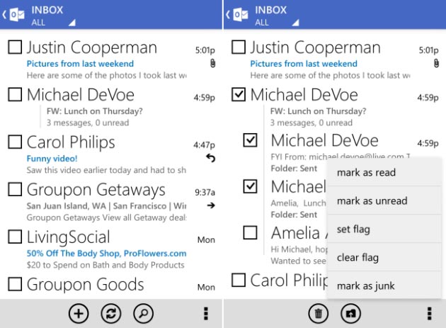 La nuova interfaccia utente dell'app Outlook.com per Android.