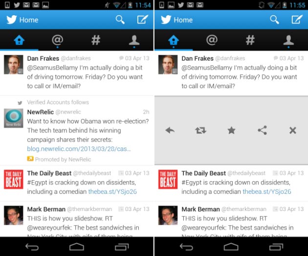 La nuova interfaccia dell'app Twitter per Android.