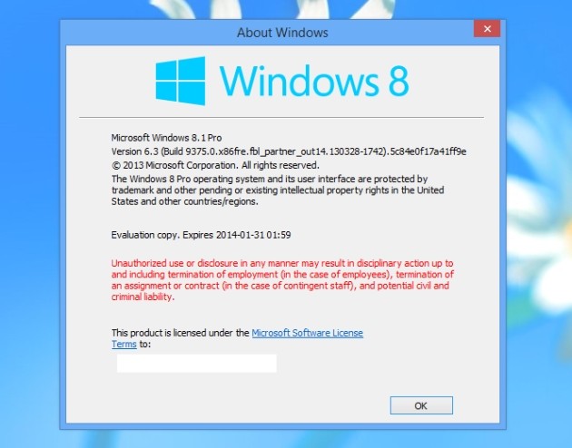 Screenshot di Windows 8.1 Pro dal quale si evince la versione del sistema operativo.