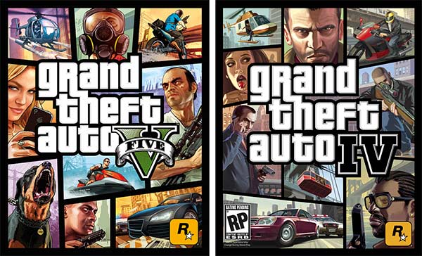 La copertina di GTA 5 (a sinistra) riprenderà lo stile di quella del predecessore GTA 4 (a destra)