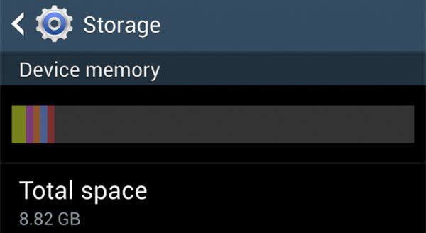 Uno screenshot che dimostra come la versione da 16 GB del Samsung Galaxy S4 offra solo 8,82 GB di spazio libero all'utente