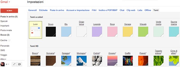 Alcuni dei temi messi a disposizione da Google per la personalizzazione di Gmail
