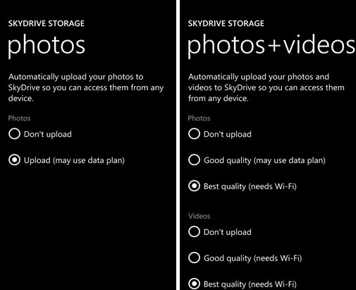 Confronto tra il vecchio (sinistra) e il nuovo menu (destra) da cui attivare l'upload di foto e video su SkyDrive.