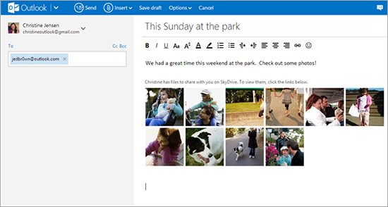 Outlook.com consente di inserire le foto di SkyDrive nel messaggio di posta.