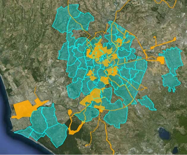 In giallo le aree già raggiunte in FTTH. In celeste le nuove aree che verranno raggiunte con tecnologia FTTS entro il 2014.