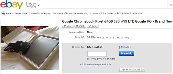 Alcuni dei Chromebook Pixel regalati agli sviluppatori presenti al Google I/O 2013 sono già in vendita su eBay