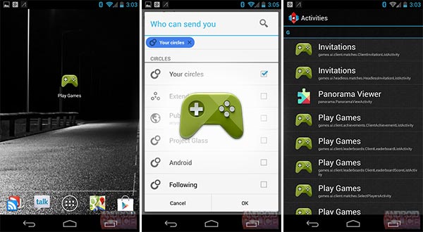 Alcuni screenshot per Google Play Games, insieme all'icona della piattaforma
