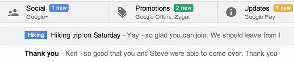 Nella parte superiore della nuova interfaccia di Gmail sono elencate le etichette che Google utilizza per catalogare la casella "Posta in arrivo"