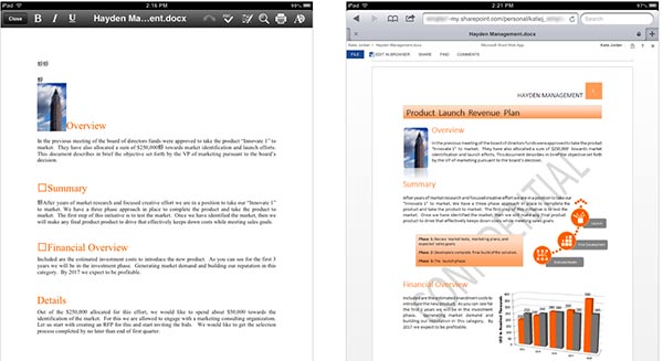 Un documento aperto con Google Quickoffice su iPad (a sinistra) e con Microsoft Word Web App sempre su iPad (a destra)