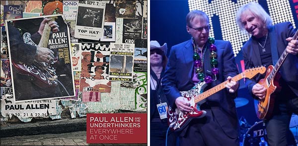 La copertina di "Everywhere at Once" (a sinistra) e Paul Allen sul palco con Joe Walsh (a destra)