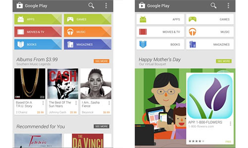 Google aggiorna l'applicazione Play Store per Android: ecco la nuova interfaccia (a sinistra) e quella precedente (a destra)