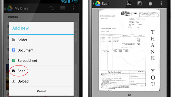 Scansione dei documenti cartacei e OCR per l'applicazione Google Drive su Android