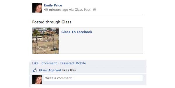 Come appare un post su Facebook tramite l'applicazione per Google Glass. (da Mashable)