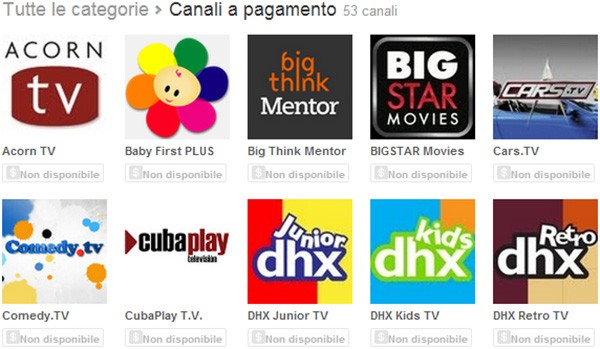 L'elenco dei canali a pagamento disponibili su YouTube, al momento non accessibili dall'Italia