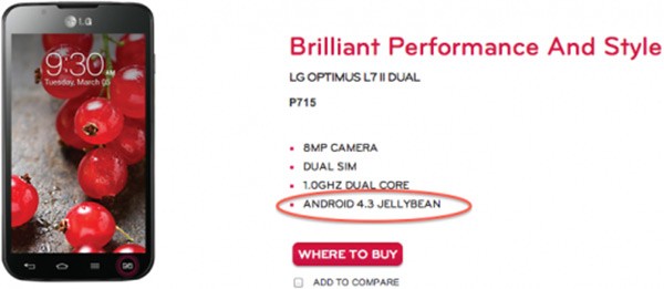 Android 4.3 Jelly Bean confermato dal sito ufficiale LG, con la scheda dello smartphone Optimus L7 II