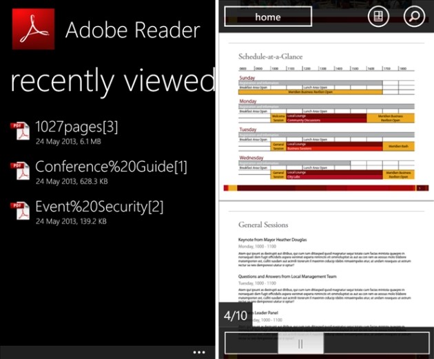 Adobe Reader 10.1 per Windows Phone 8.