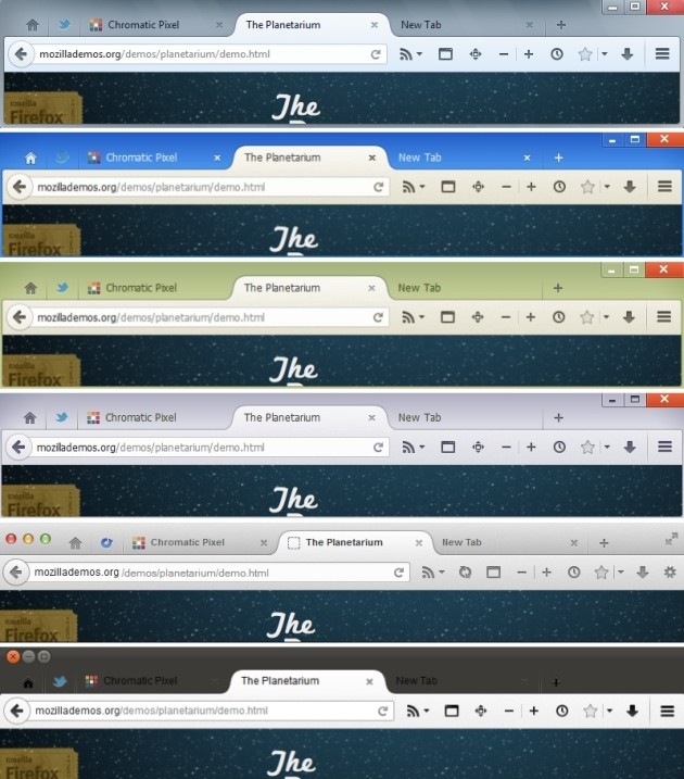 La nuova interfaccia utente di Firefox 25 per Windows 7, Windows XP, Mac OS X e Linux (dall'alto verso il basso).