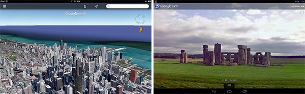 Lo skyline di Chicago in 3D nella nuova interfaccia (sinistra) e il sito inglese di Stonehenge (destra)