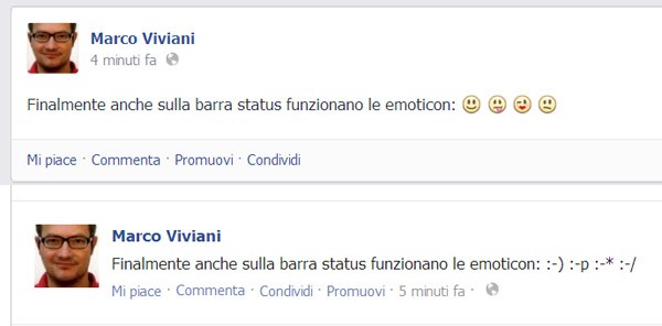 Le emoticon visualizzate nella barra di stato. Sopra, come appaiono nel profilo personale di chi le pubblica, sotto la versione ancora testuale nel feed delle notizie.