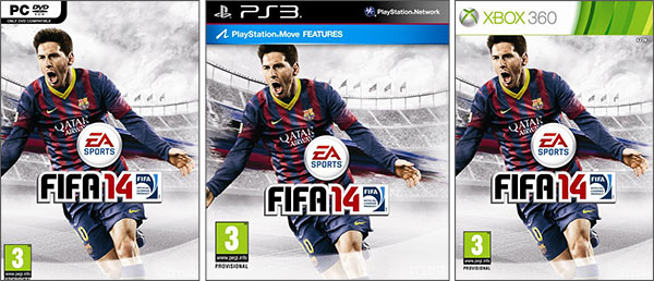 Lionel Messi immortalato sulla copertina di FIFA 14, nelle versioni PC, PlayStation 3 e Xbox 360