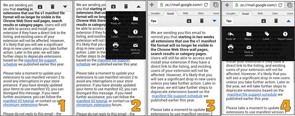 La nuova interfaccia di Gmail su browser mobile in fase di test (immagini 1 e 2) messa a confronto con quella attuale (immagini 3 e 4)