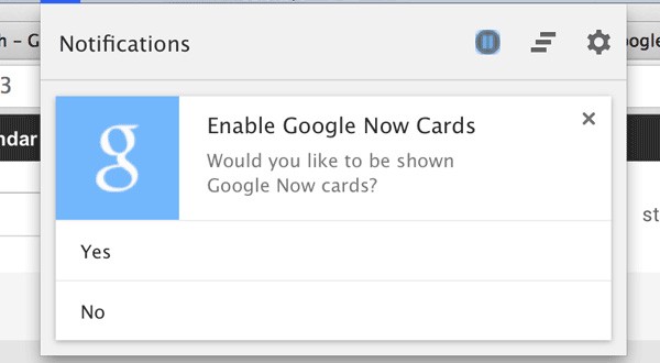 Una finestra chiede se si desidera attivare la visualizzazione delle schede Google Now all'interno di Chrome (CNET)
