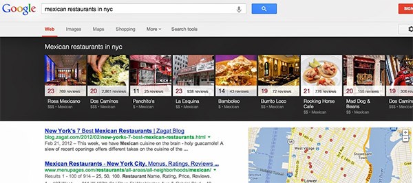 Il "carosello interattivo" mostrato nella parte superiore delle SERP di Google, in questo caso cercando ristoranti messicani