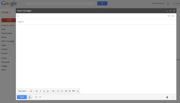 La nuova finestra di composizione di Gmail in modalità full screen.