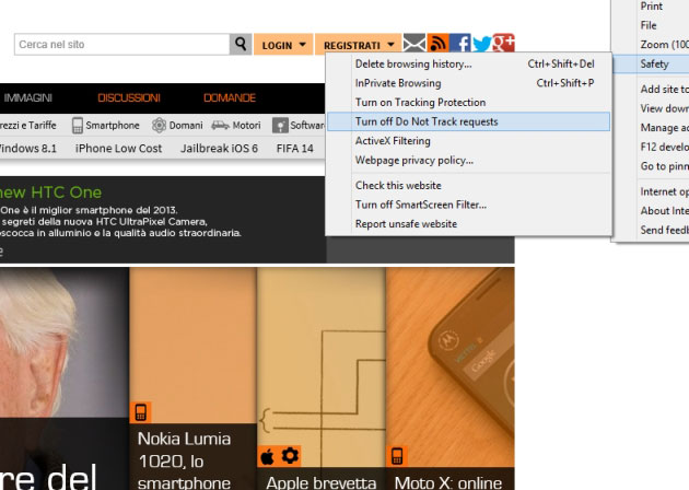 L'opzione per disattivare le richieste DNT nella versione desktop di IE11.