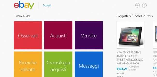 eBay per Windows 8, via alle vendite