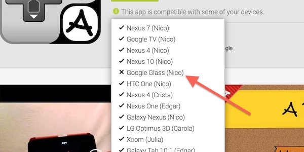 Google Glass compare nell'elenco dei dispositivi supportati e compatibili dello store Google Play