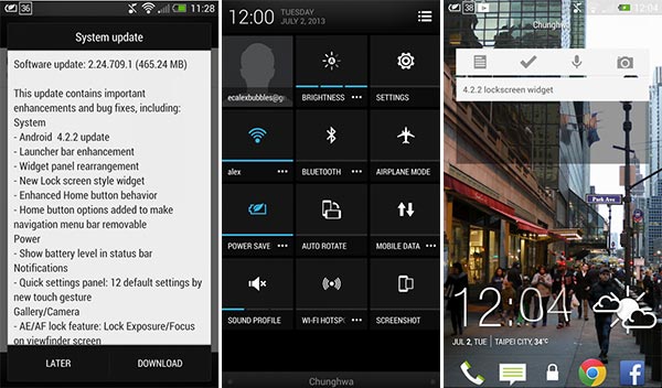 Screenshot dall'aggiornamento ad Android 4.2.2 Jelly Bean per lo smartphone HTC One