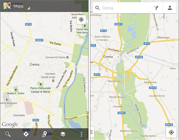 La vecchia interfaccia di Google Maps su Android (sinistra) messa a confronto con quella nuova (destra)