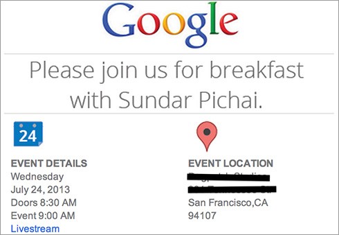 L'invito all'evento "Breakfast with Sundar Pichai" spedito da Google