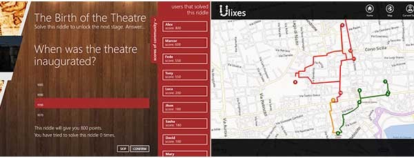 Due screenshot di Ulixes: a sinistra l'enigma da risolvere, a destra la mappa geolocalizzata.