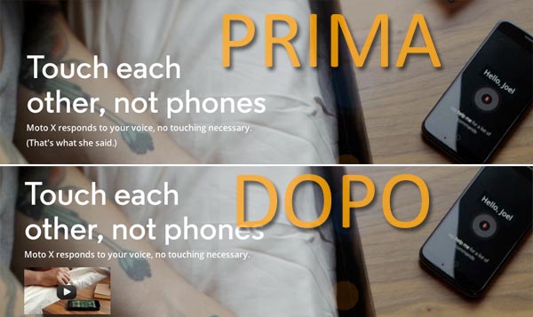 La pubblicità di Moto X relativa ai comandi vocali, prima e dopo la "censura"