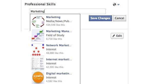 Ecco come appare nei primi test la voce "Competenze professionali" su Facebook. Il menù a tendina permette di aggiungere una serie di opzioni oppure di personalizzare il contenuto, esattamente come gli altri form. 