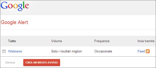 Screenshot per la gestione dei feed RSS in Google Alert