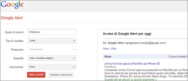 Il modulo per la creazione di un nuovo avviso in Google Alert