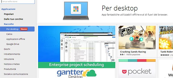La nuova sezione "Per desktop" sul Chrome Web Store, contenente le Chrome Apps
