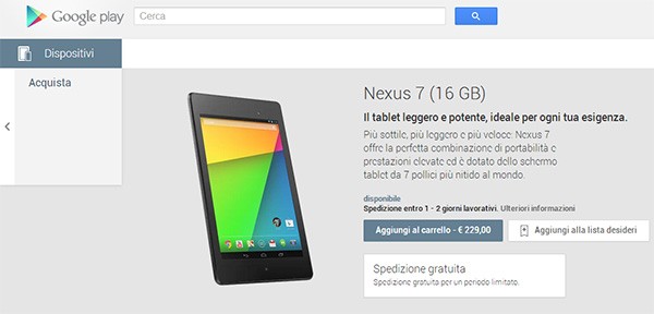Il nuovo Nexus 7 da 16 GB in vendita nella sezione dispositivi dello store italiano Google Play