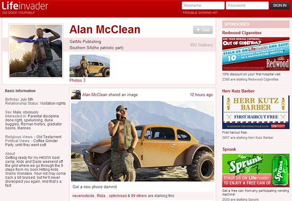Screenshot per il layout di Lifeinvader, il social network realizzato da Rockstar Games per GTA 5
