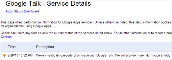 Google riconosce l'esistenza del problema al servizio Talk su Apps Status Dashboard