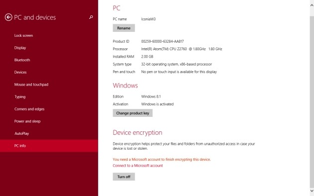 La sezione delle Impostazioni PC in cui si può verificare l'attivazione della crittografia.