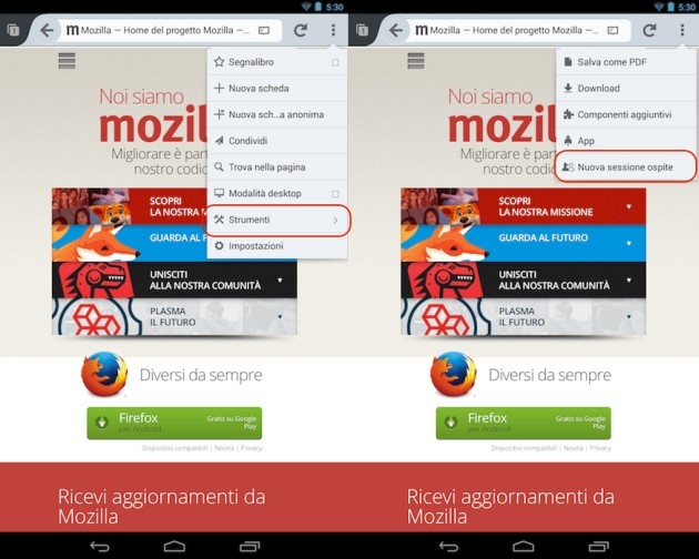 La funzione Sessione ospite in Firefox 25 per Android.