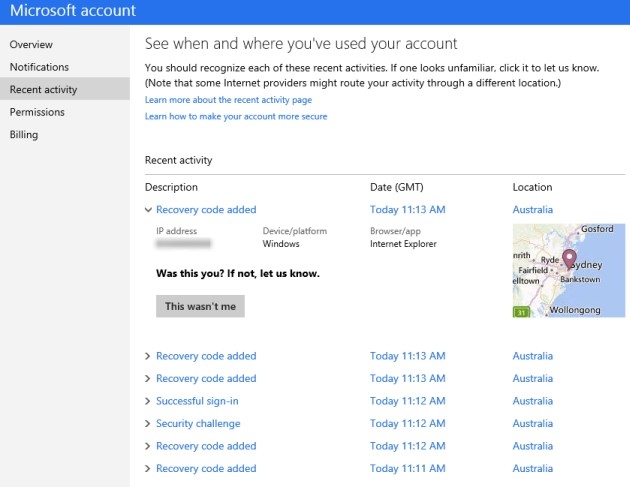 Elenco delle attività recenti per l'account Microsoft.