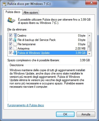 La nuova opzione presente nel tool Pulizia disco di Windows 7.