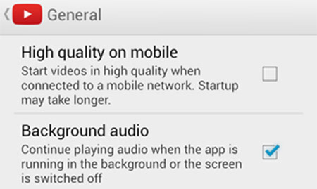 L'opzione "background audio" tra le impostazioni di YouTube per Android