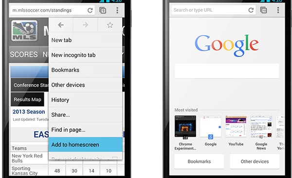 "Aggiungi a schermata Home" (sinistra) e l'interfaccia ridisegnata delle nuove schede (a destra)